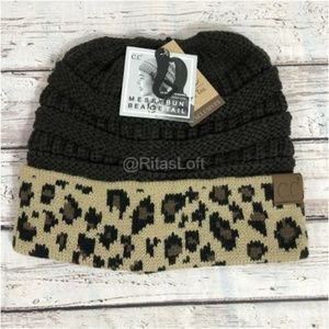CC Beanie Tail Ponytail Cap Hat Leopard Print‎